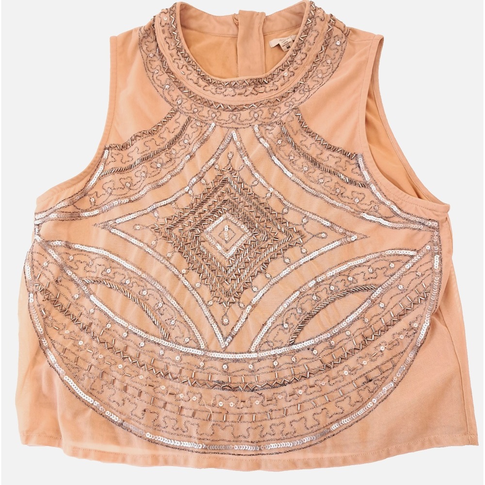 Y2K Eoote Urban Outfitters Sleeveless Top Women's M Beaded Sequin Metallic Beige